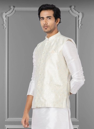 Linen Off White Embroidered Nehru Jackets