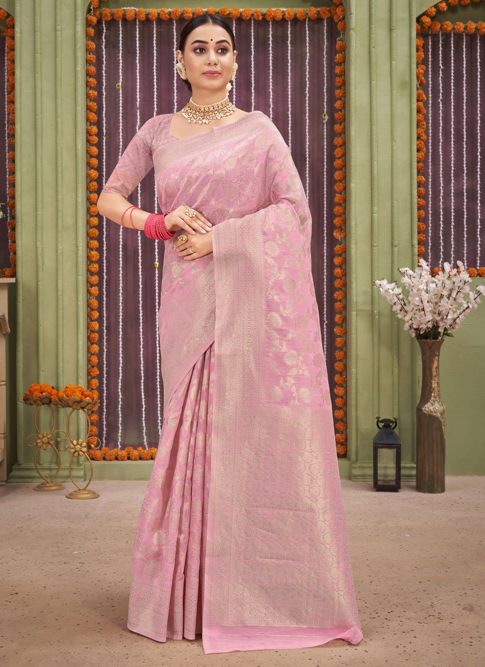 Linen Pink Designer Traditional Saree