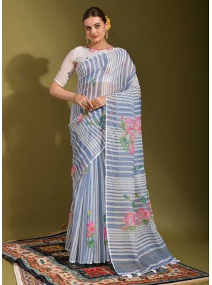 Linen Printed Blue and White Classic Saree