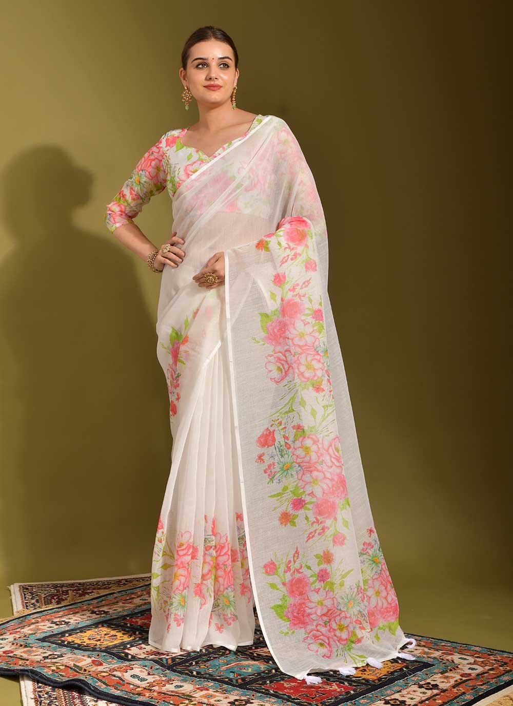 Linen Printed White Trendy Saree