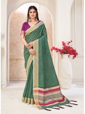 Linen Weaving Green Traditional Saree