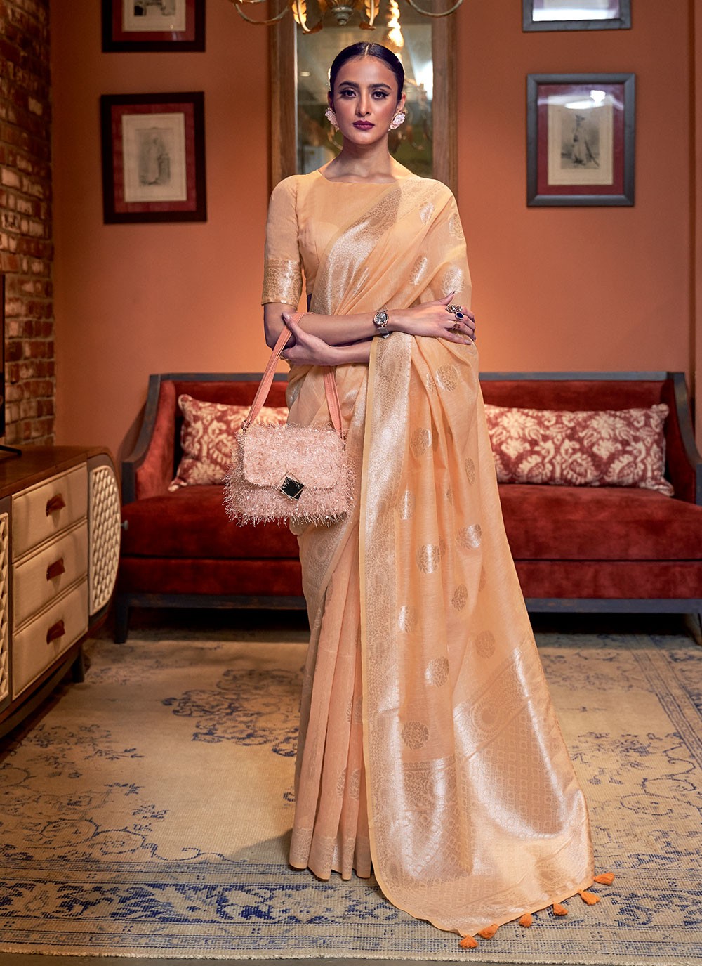 Linen Weaving Peach Classic Designer Saree