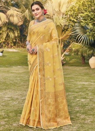 Linen Yellow Traditional Saree
