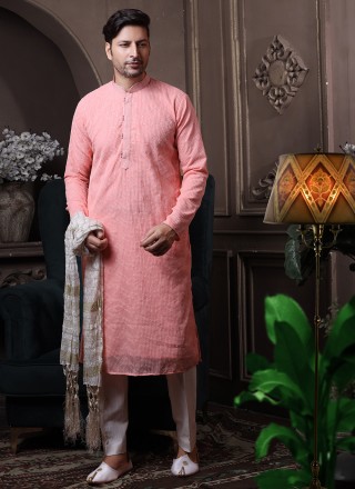 Lucknowi Embroidered Kurta Pyjama in Pink