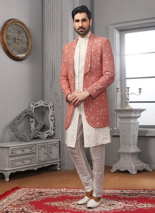 Lucknowi Jacket Style in Off White and Red