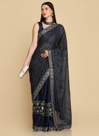 Lycra Blue Embroidered Classic Saree