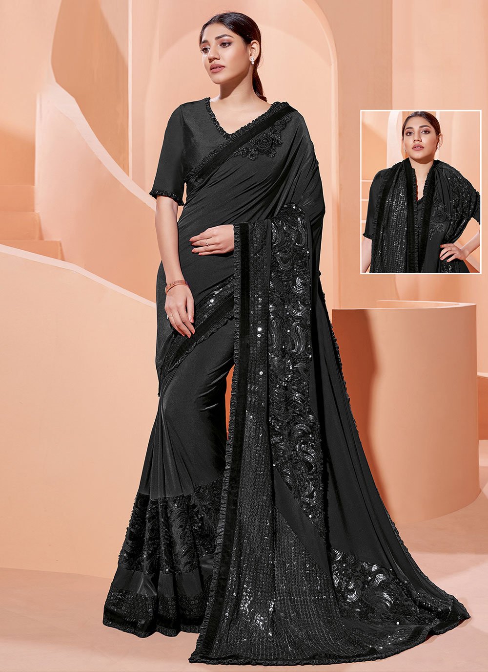 Lycra Designer Saree in Black