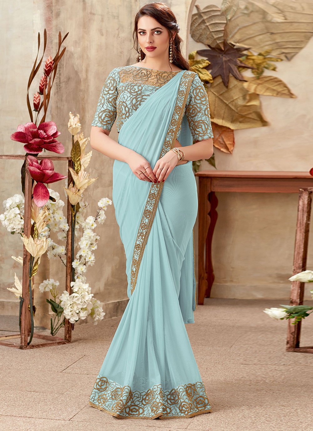 Lycra Embroidered Designer Ready Pleated Saree in Firozi