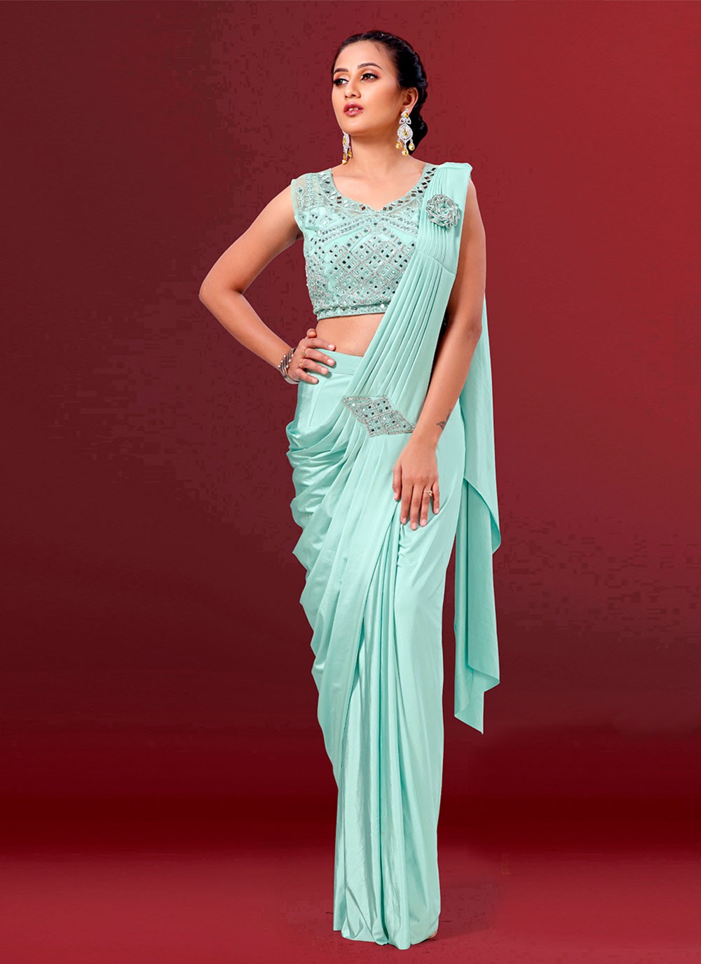 Lycra Embroidered Ready Pleated Saree