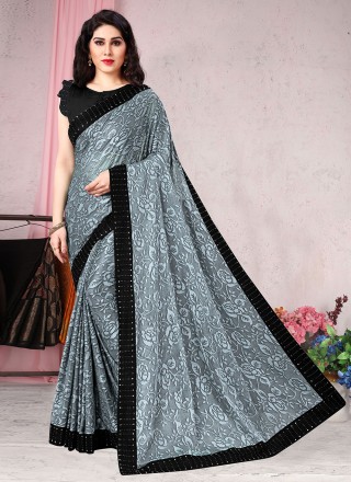 Embroidered Chiffon Saree in Black and Grey : SSF19212