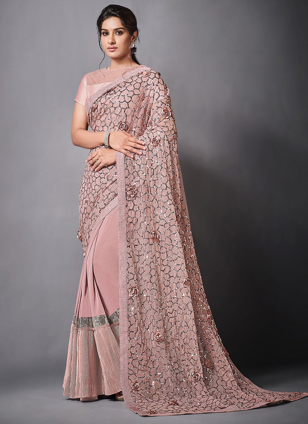 Lycra Pink Embroidered Trendy Saree
