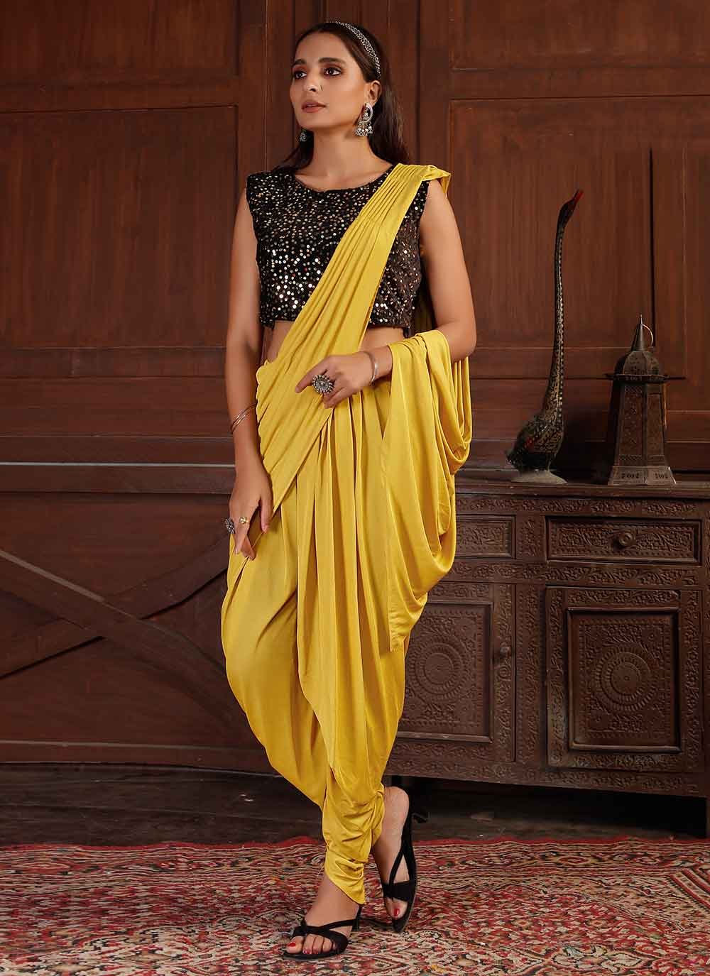 Mustard Yellow Satin Drape Saree – Tirumala Designers