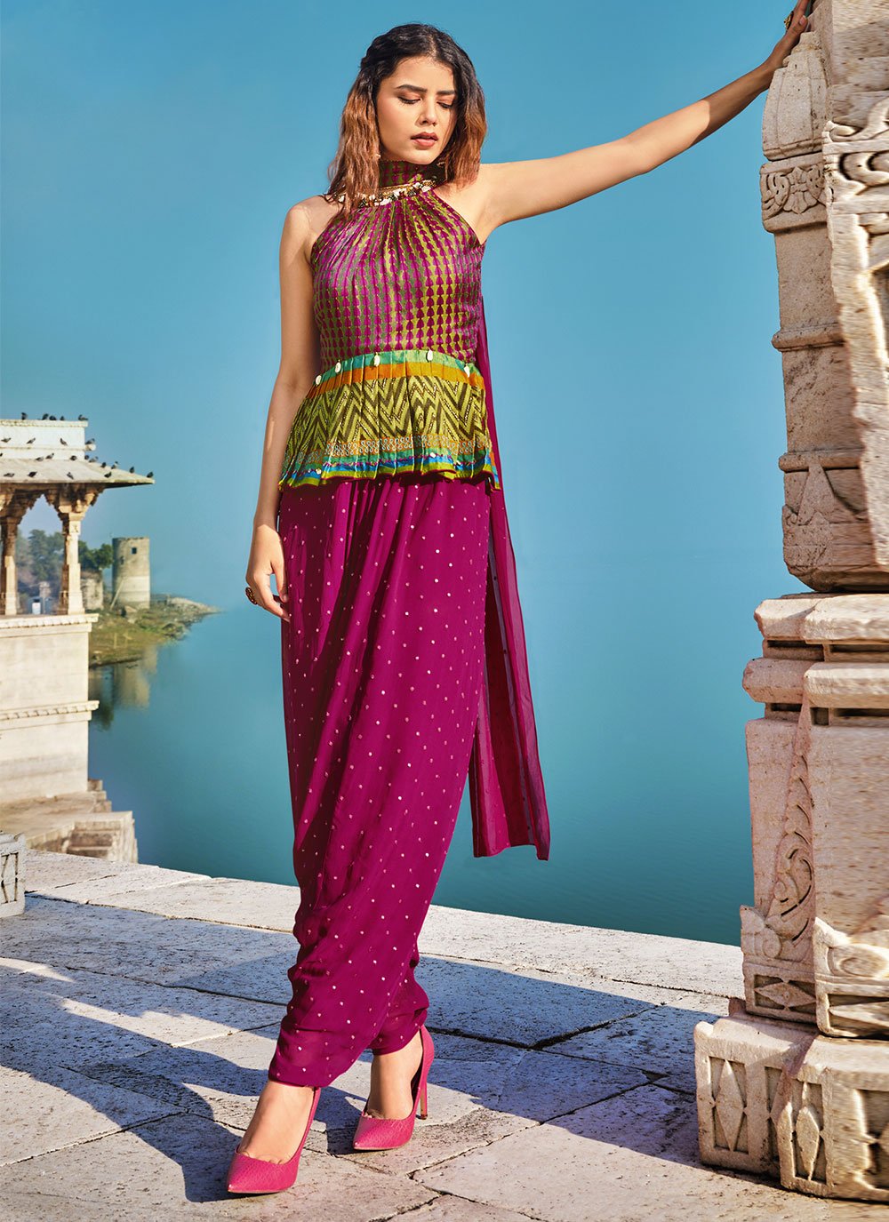 Magenta Printed Fancy Fabric Trendy Salwar Suit