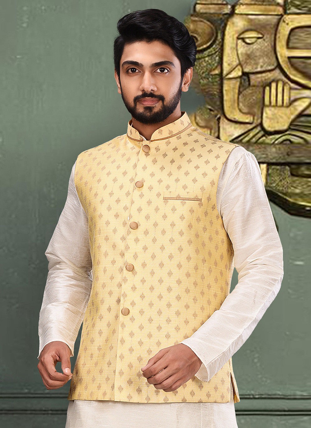 Yellow kurta with online nehru jacket