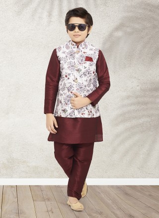 Maroon and Off White Banarasi Silk Engagement Kurta Payjama With Jacket