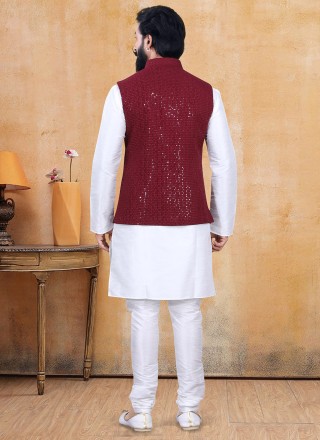 Maroon and Off White Fancy Lucknowi Kurta Payjama With Jacket