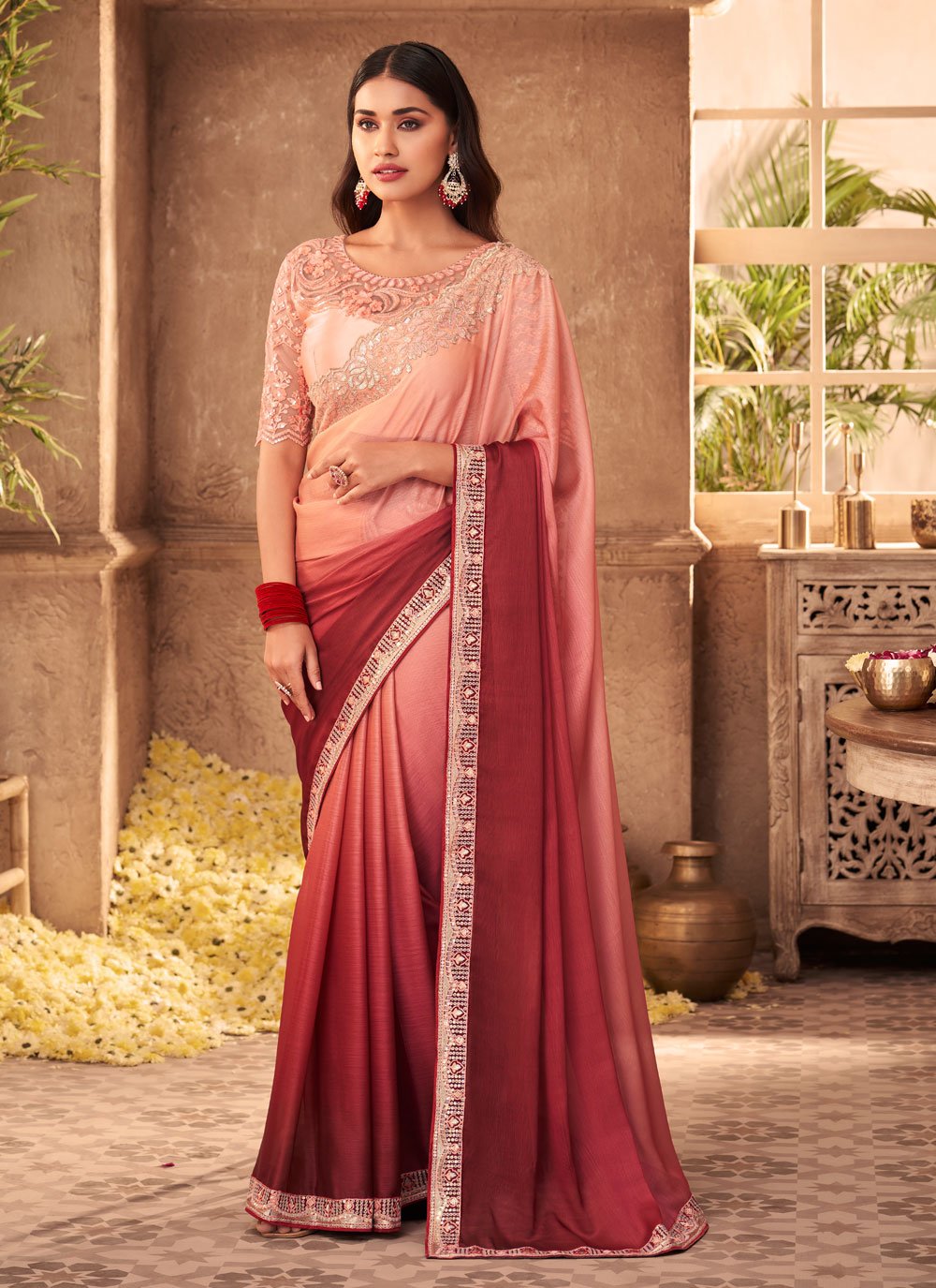 Maroon and Peach Silk Embroidered Shaded Saree