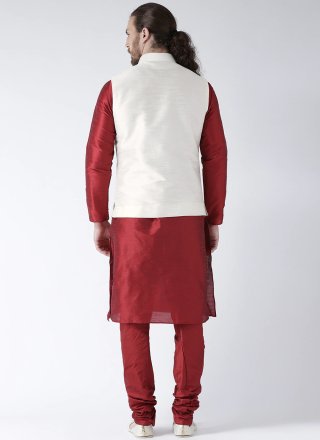 Maroon and White Festival Art Dupion Silk Kurta Payjama With Jacket
