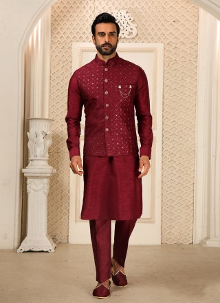 Silk India Poly Blend Wedding Wear Maroon Kurta Pajama, Adult at