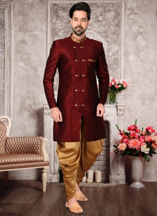 Maroon Brocade Sangeet Indo Western Sherwani