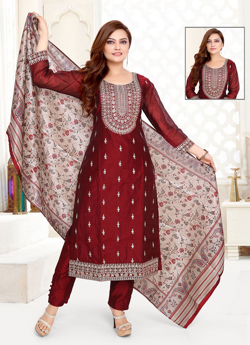 Maroon Chanderi Silk Sequins Salwar Suit
