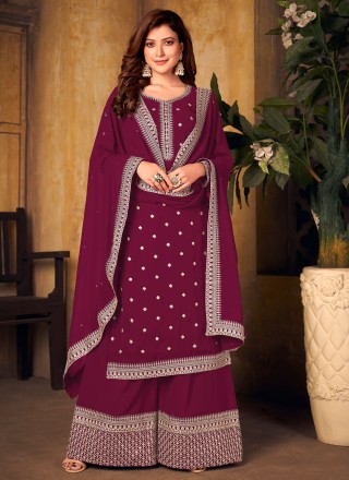 Maroon Embroidered Festival Designer Palazzo Suit