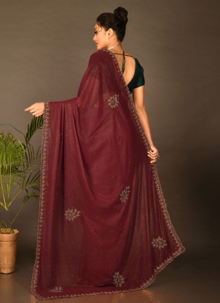 Maroon Embroidered Shimmer Contemporary Saree