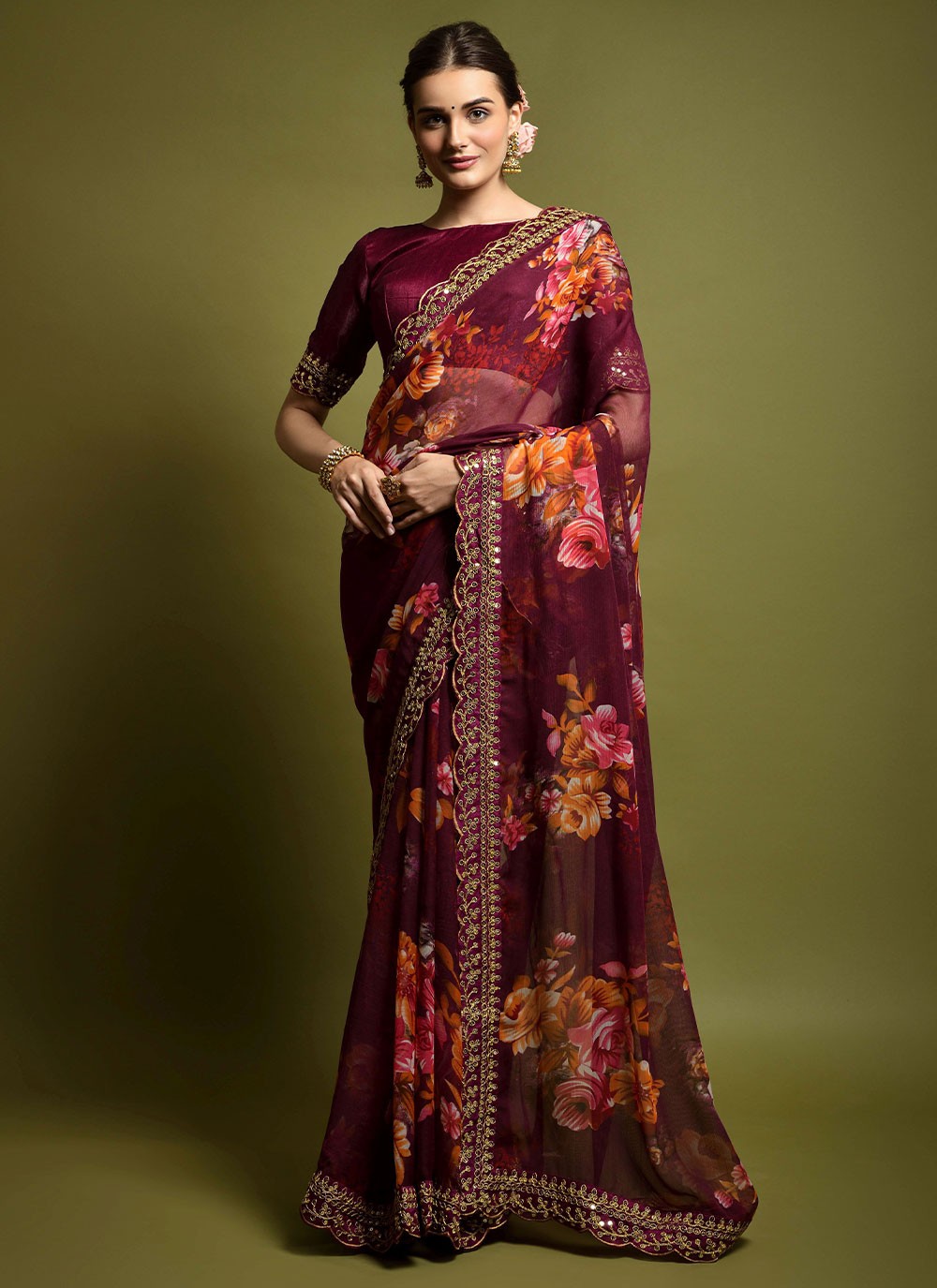 Maroon Georgette Contemporary Style Saree