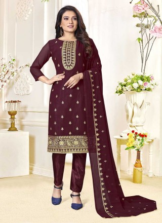 Maroon Georgette Embroidered Trendy Salwar Suit