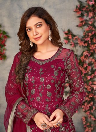 Maroon Net Anarkali Salwar Suit
