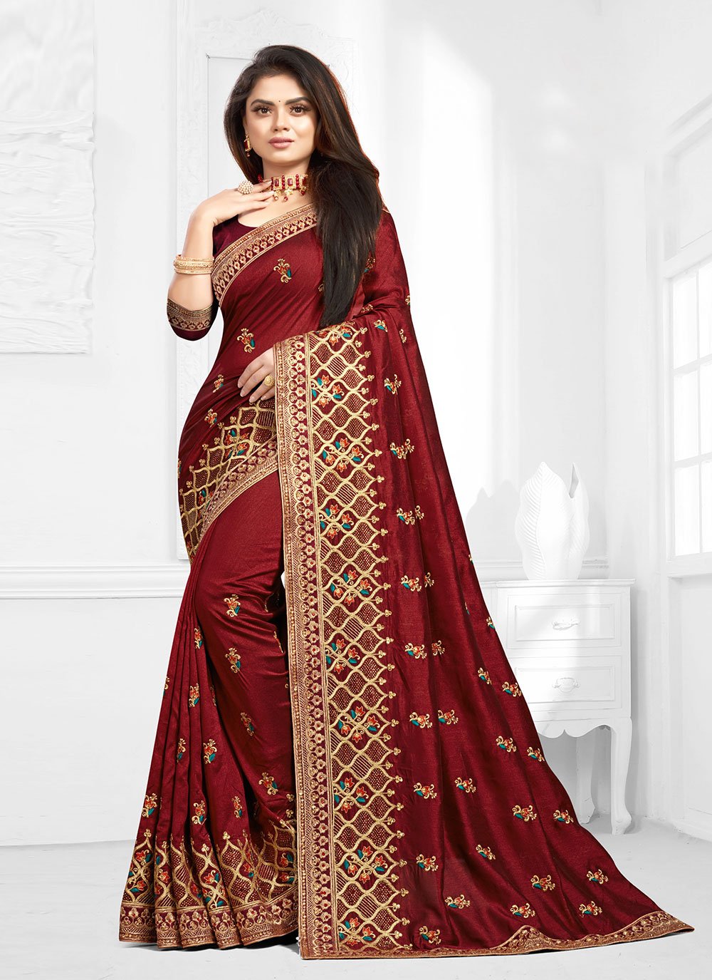 maroon reception saree