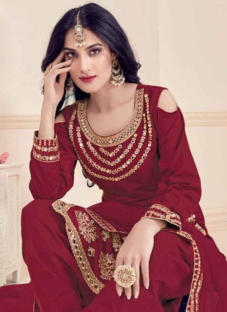 Maroon Silk Designer Patila Salwar Suit