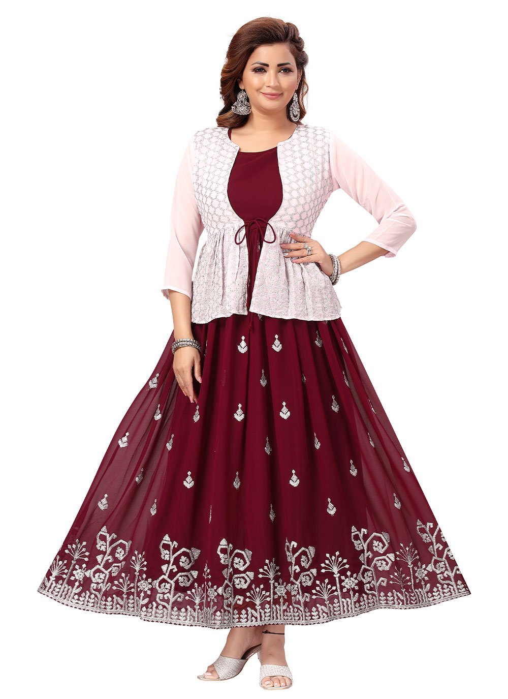 Maroon Stone Georgette Readymade Gown