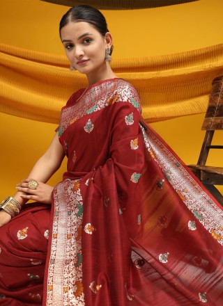 Maroon Tussar Silk Sangeet Trendy Saree