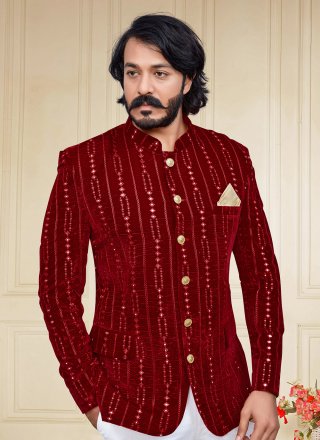 Maroon Velvet Mirror Jodhpuri Suit