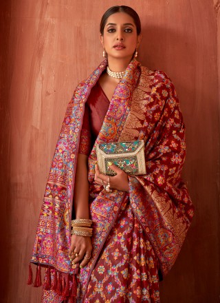 Maroon Weaving Pashnima Silk Trendy Saree