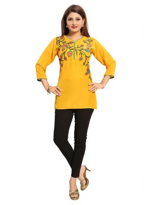 Maslin Cotton Embroidered Mustard Designer Kurti