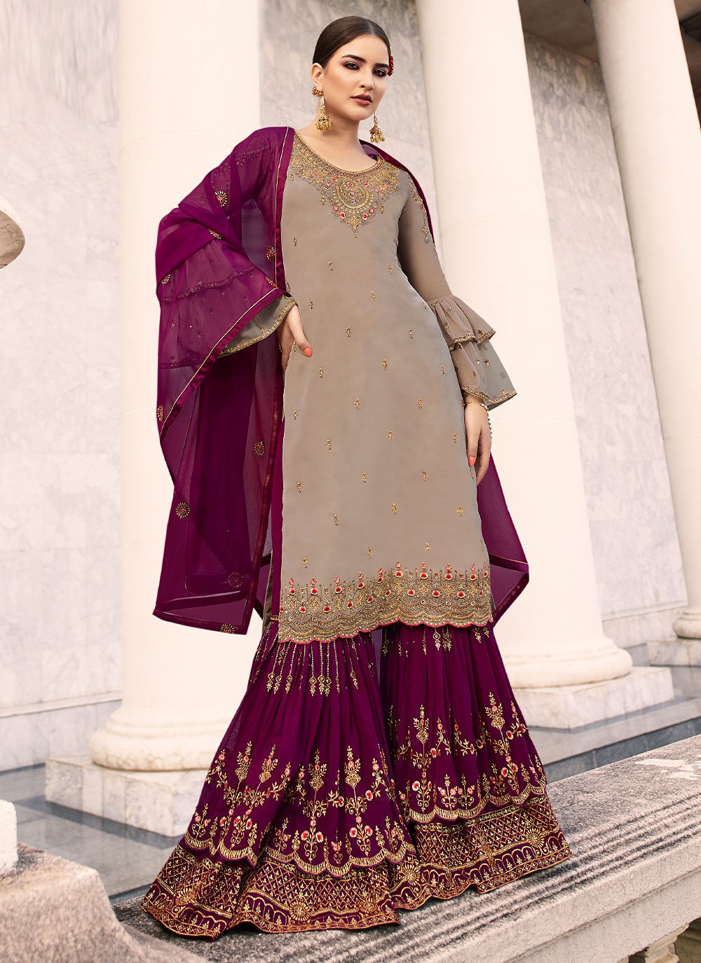Mauve  Embroidered Festival Palazzo Salwar Suit