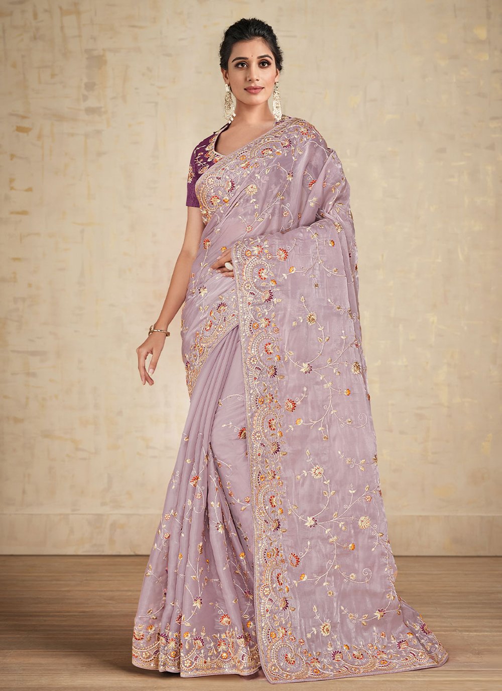 Mauve  Embroidered Satin Silk Saree