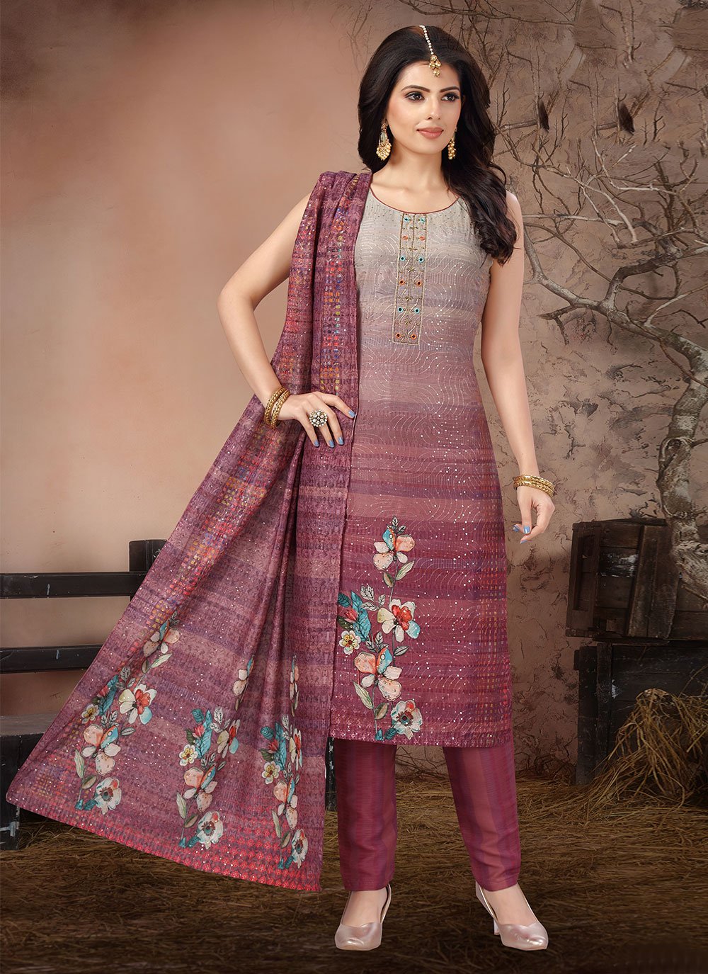 Mauve  Embroidered Trendy Salwar Suit