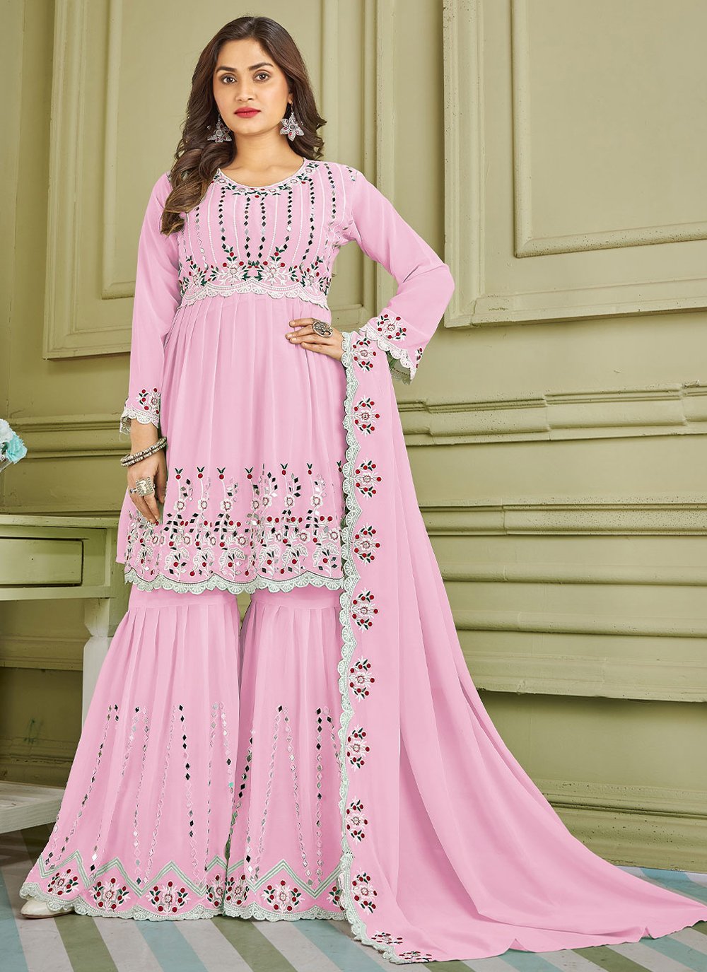 Mirror Faux Georgette Palazzo Salwar Suit in Pink