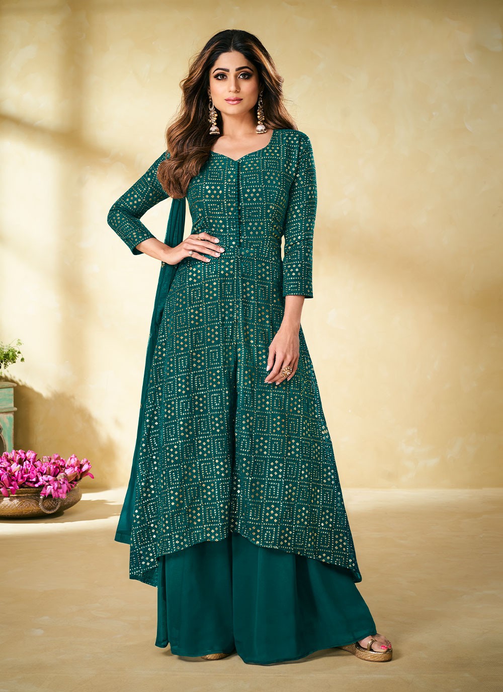 Mirror Pure Georgette Readymade Salwar Suit in Green