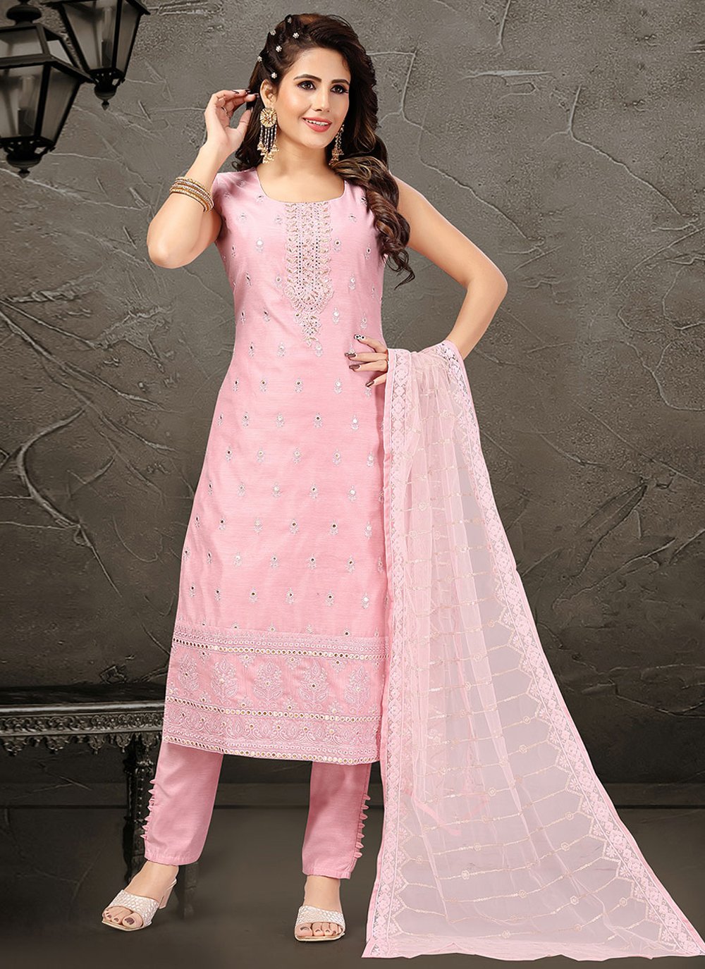 Mirror Silk Readymade Salwar Suit in Pink