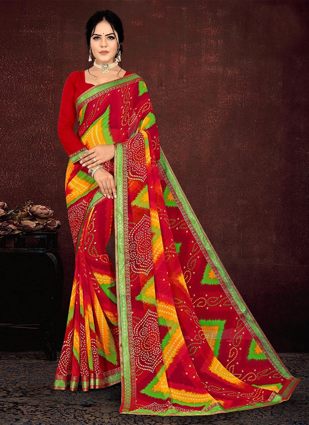 Multi Colour Abstract Print Faux Georgette Saree