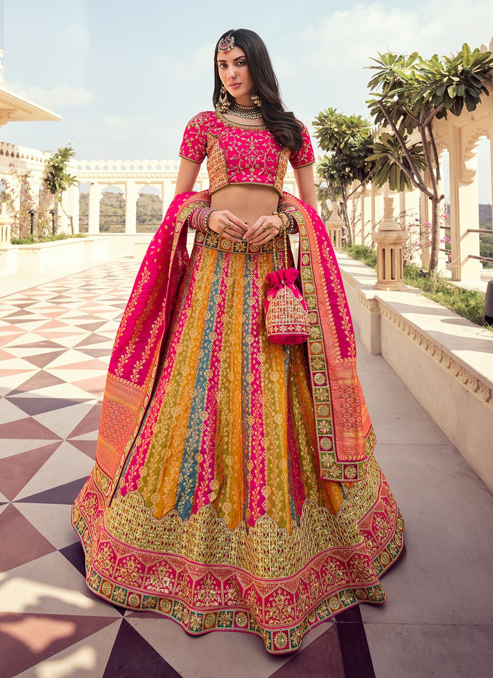 Multi Colour Banarasi Silk Engagement Lehenga Choli buy online -
