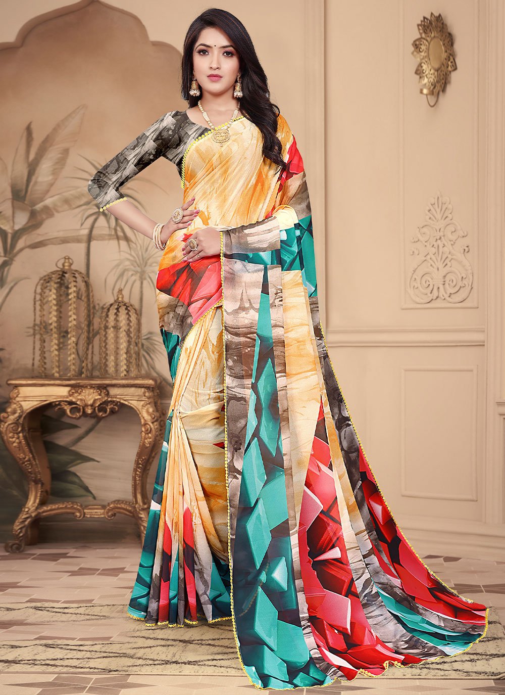 Multi Colour Ceremonial Contemporary Style Saree