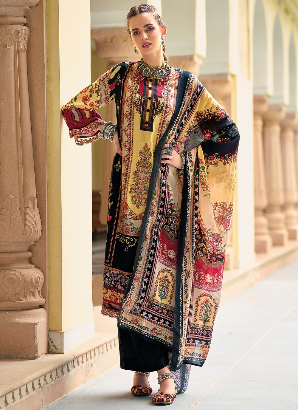 Multi Colour Digital Print Silk Palazzo Salwar Suit