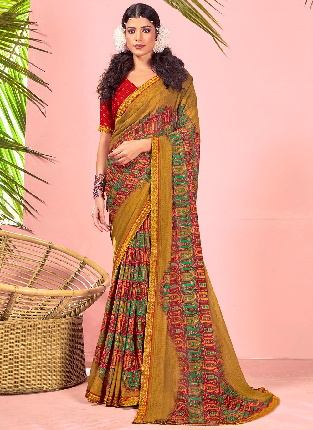 Multi Colour Faux Georgette Abstract Print Saree
