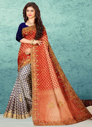 Multi Colour Kanjivaram Silk Embroidered Designer Saree