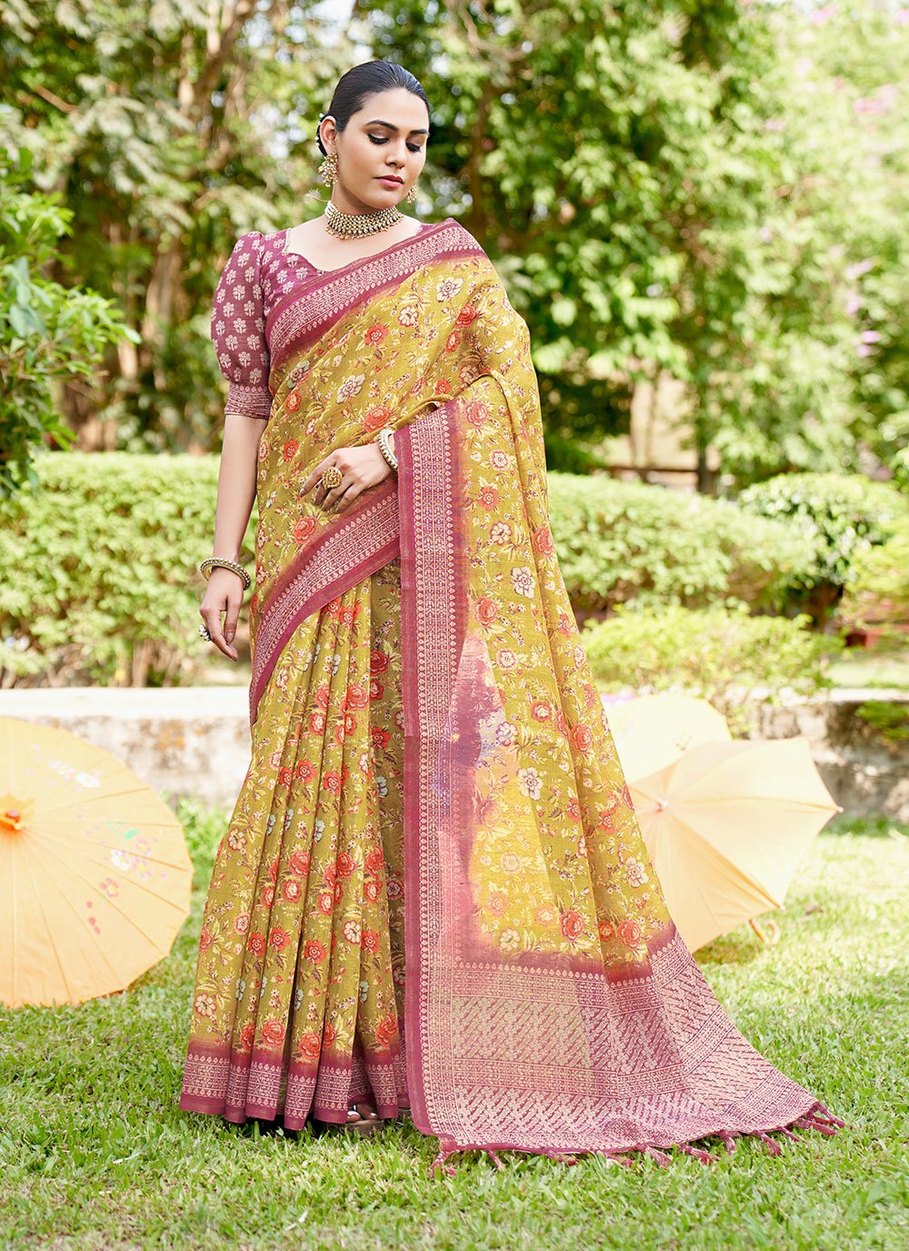 Multi Colour Linen Digital Print Traditional Designer Saree